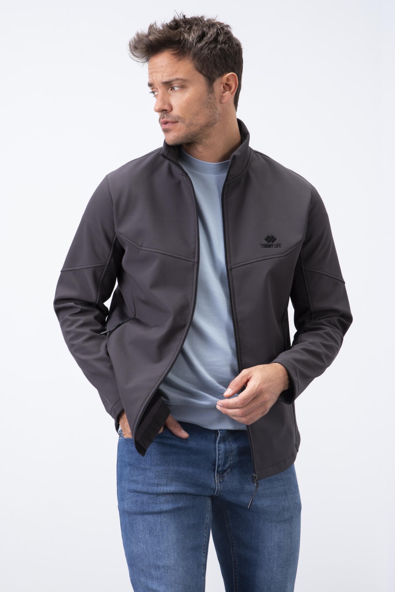 Antrasit Fermuarlı Dik Yaka Su ve Rüzgar Geçirmez Softshell Erkek Mont - 88050 - 6
