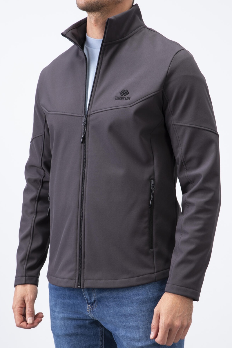Antrasit Fermuarlı Dik Yaka Su ve Rüzgar Geçirmez Softshell Erkek Mont - 88050 - 8