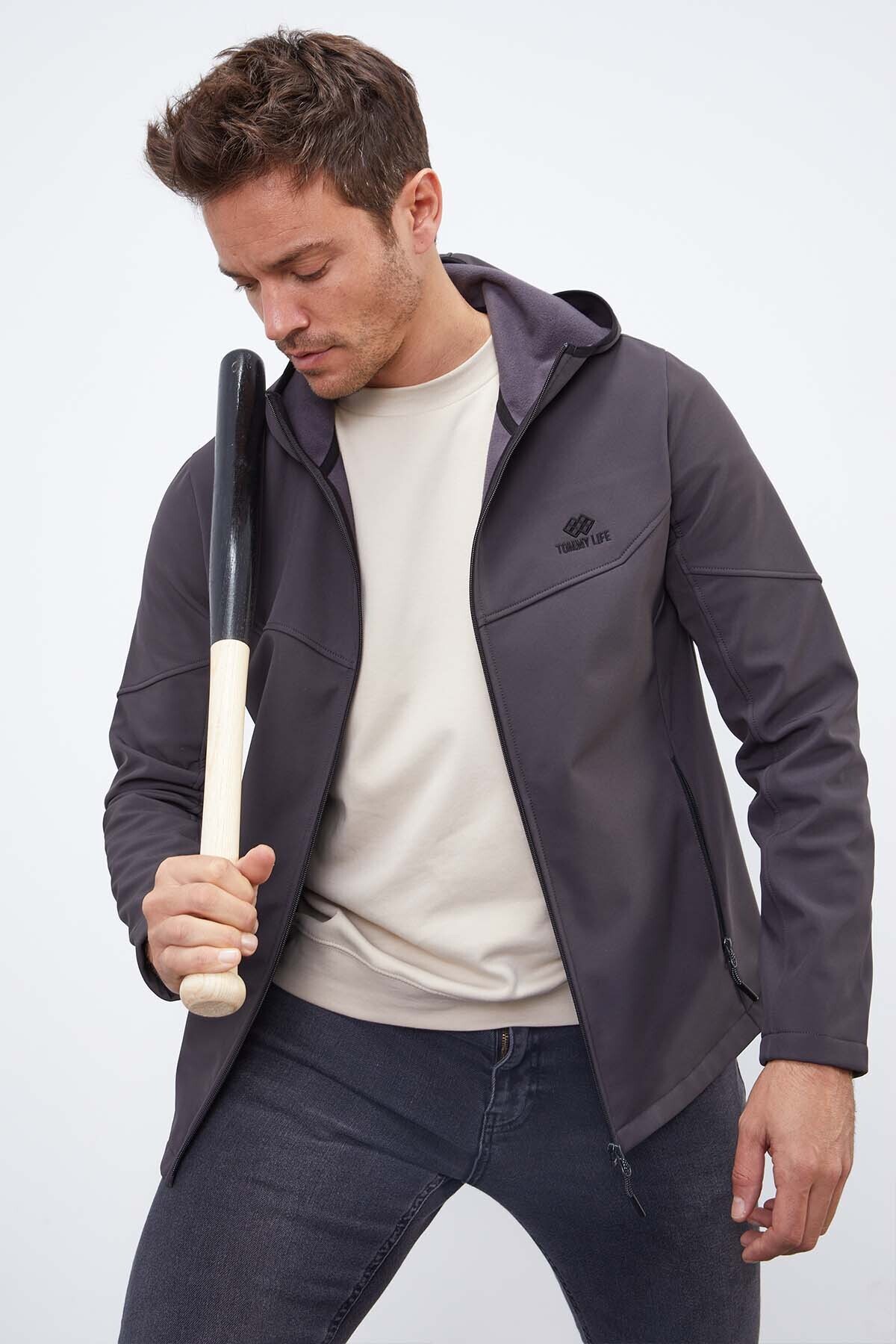 Antrasit Fermuarlı Kapüşonlu Su ve Rüzgar Geçirmez Softshell Erkek Mont - 88051 - TOMMYLIFE (1)