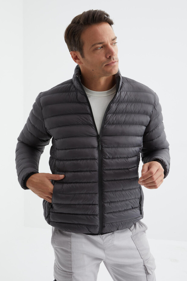 Antrasit Fermuarlı Standart Kalıp Soğuğa Dayanıklı Erkek Şişme Mont - 88166 - 5