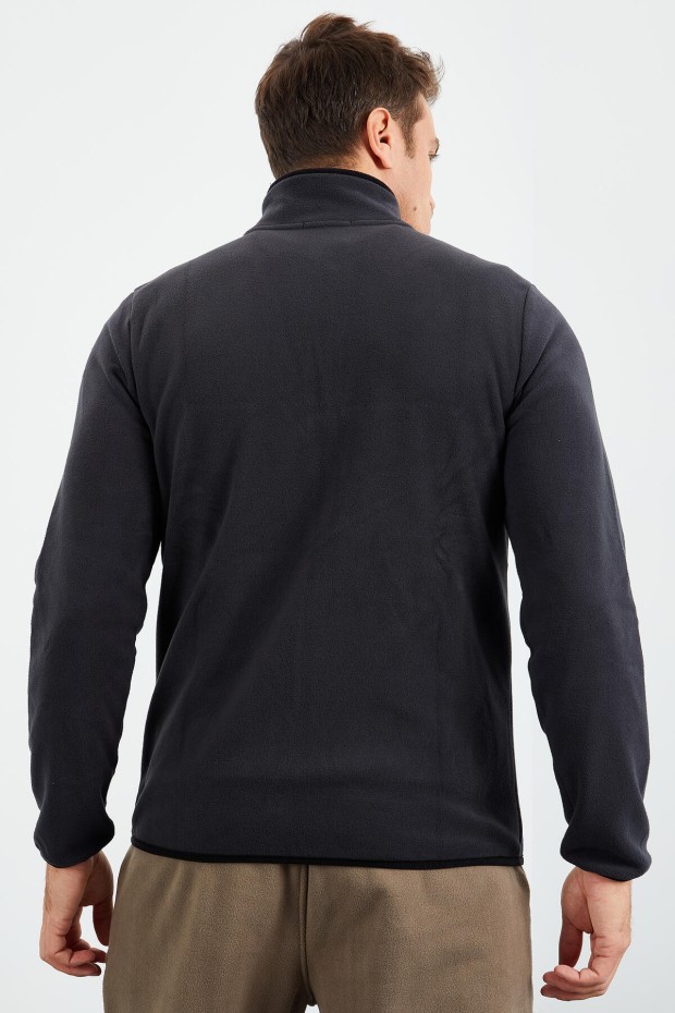 Antrasit Fermuarlı Sweatshirt Slim Fit Dik Yaka Erkek Polar - 87270