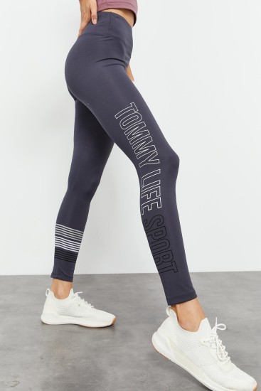 Antrasit Yüksek Bel Yazı Baskılı Slim Fit Dar Paça Kadın Tayt - 94544 - TOMMYLIFE (1)