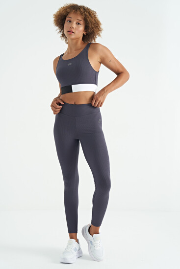 Antrasit Logo Baskılı Yüksek Bel Slim Fit Fitilli Kadın Tayt - 94642 