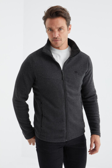 Antrasit Melanj Fermuarlı Dik Yaka Standart Kalıp Erkek Polar Sweatshirt - 88134 