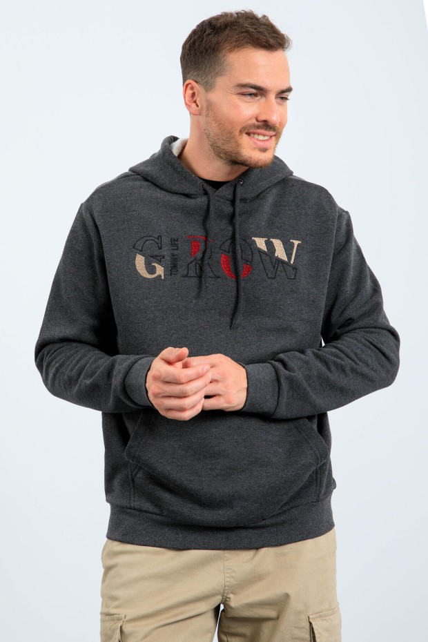 Grow Antrasit Melanj Yazı Nakışlı Kapüşonlu Rahat Form Erkek Sweatshirt - 88040