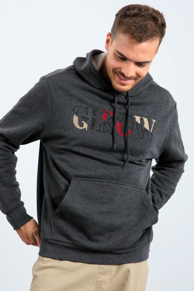 Grow Antrasit Melanj Yazı Nakışlı Kapüşonlu Rahat Form Erkek Sweatshirt - 88040