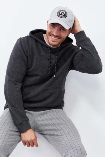 Antrasit Melanj Kanguru Cep Standart Kalıp Kapüşonlu Erkek Sweatshirt - 87872 