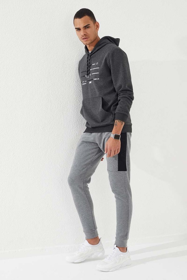 Antrasit Melanj Şerit Nakışlı Standart Kalıp Kapüşonlu Erkek Sweatshirt - 87885