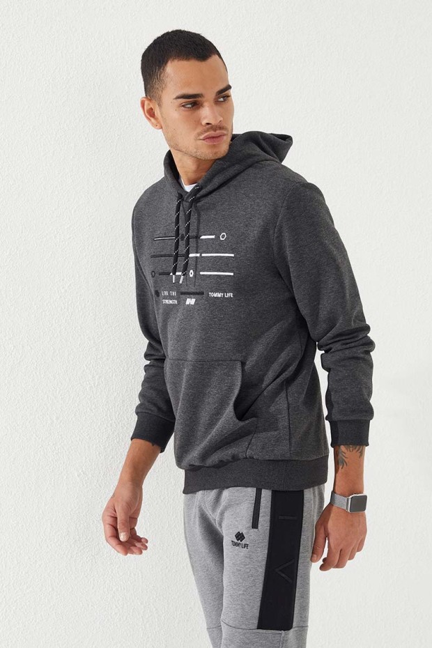 Antrasit Melanj Şerit Nakışlı Standart Kalıp Kapüşonlu Erkek Sweatshirt - 87885