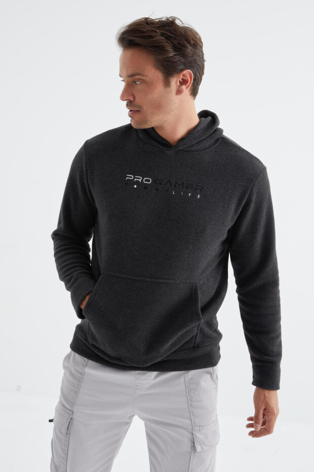 Antrasit Melanj Yazı Nakışlı Standart Kalıp Kapüşonlu Erkek Polar Sweatshirt - 88154