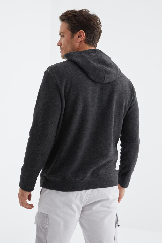 Antrasit Melanj Yazı Nakışlı Standart Kalıp Kapüşonlu Erkek Polar Sweatshirt - 88154