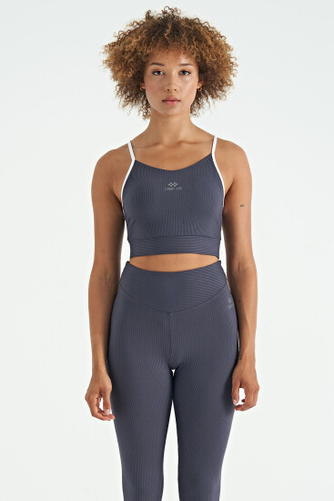 Antrasit Sırt Çapraz Detaylı Logo Baskılı Dar Kalıp Fitilli Kadın Büstiyer - 97274 - TOMMYLIFE