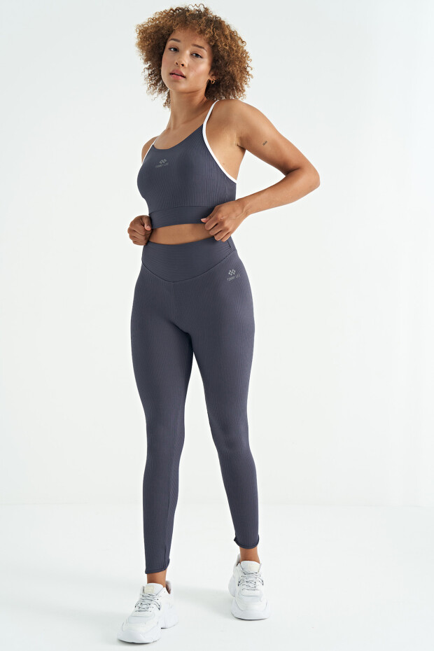 Antrasit Sırt Çapraz Detaylı Logo Baskılı Dar Kalıp Fitilli Kadın Büstiyer - 97274 - 5