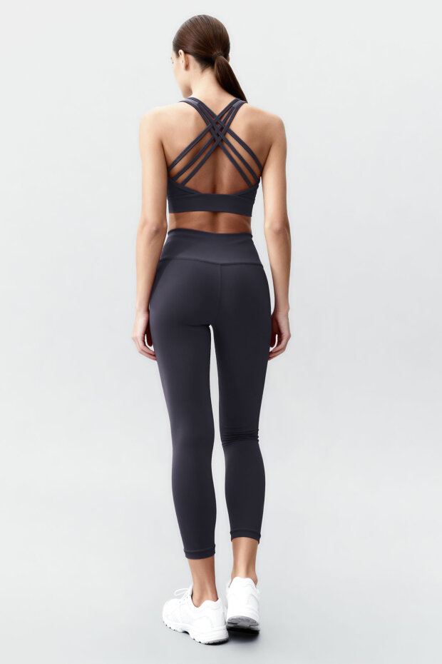 Antrasit Yüksek Bel Toparlayıcı Çapraz Sırt Detaylı Slim Fit Kadın Tayt Takım - 95283 - 5