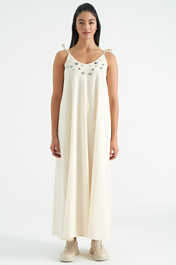 Bej Deniz Kabuğu İşlemeli Geniş Etek Kesimli Askılı Elbise - 02293