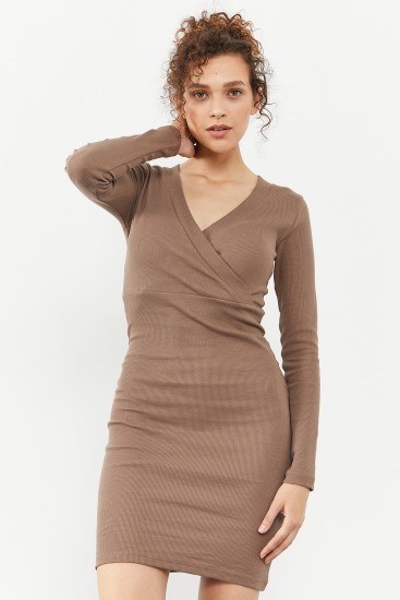 Bej Kaşkorse Triko Dar Kalıp Kruvaze Yaka Kadın Elbise - 97118 - TOMMYLIFE (1)