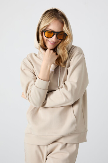 Bej Kapüşonlu Kanguru Cep Oversize Lastik Paça Kadın Eşofman Takımı - 95288 - TOMMYLIFE (1)