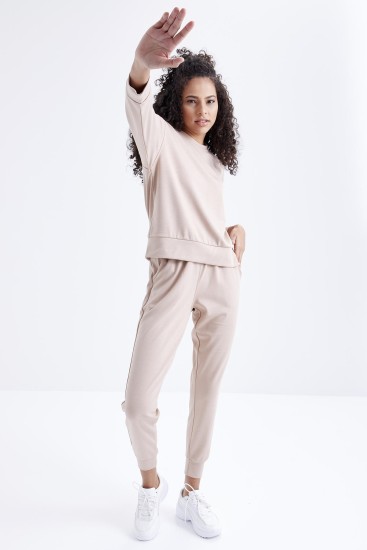 Bej Oversize Basic O Yaka Kadın Eşofman Takımı - 95308 