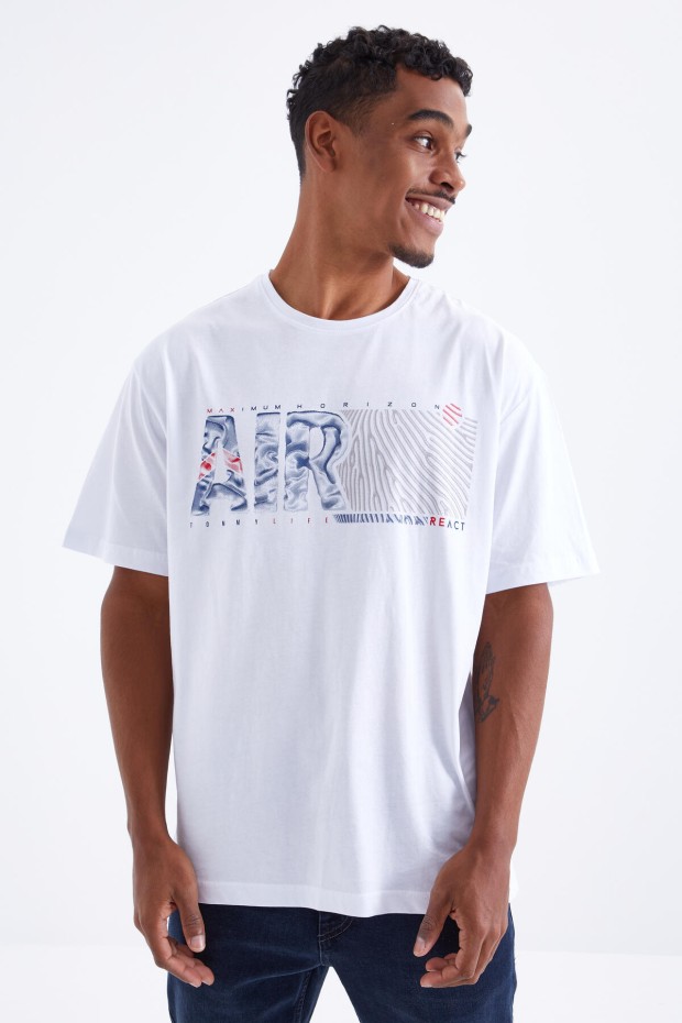 Beyaz Air Baskılı O Yaka Erkek Oversize T-Shirt - 88097