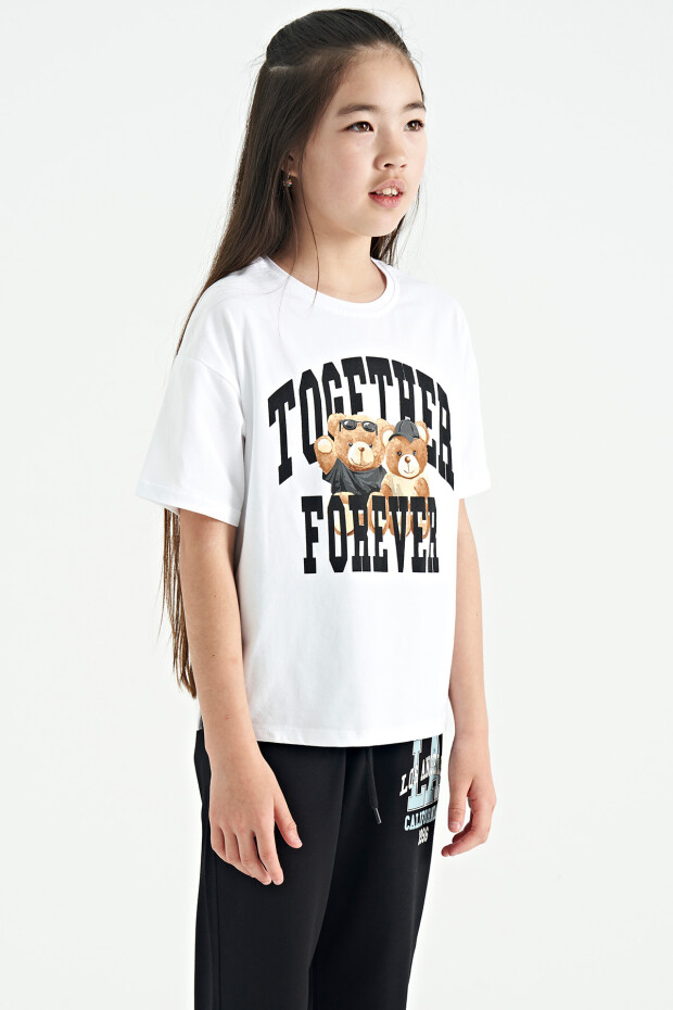 Beyaz Ayıcık Baskılı O Yaka Oversize Kısa Kol Kız Çocuk T-Shirt - 75116