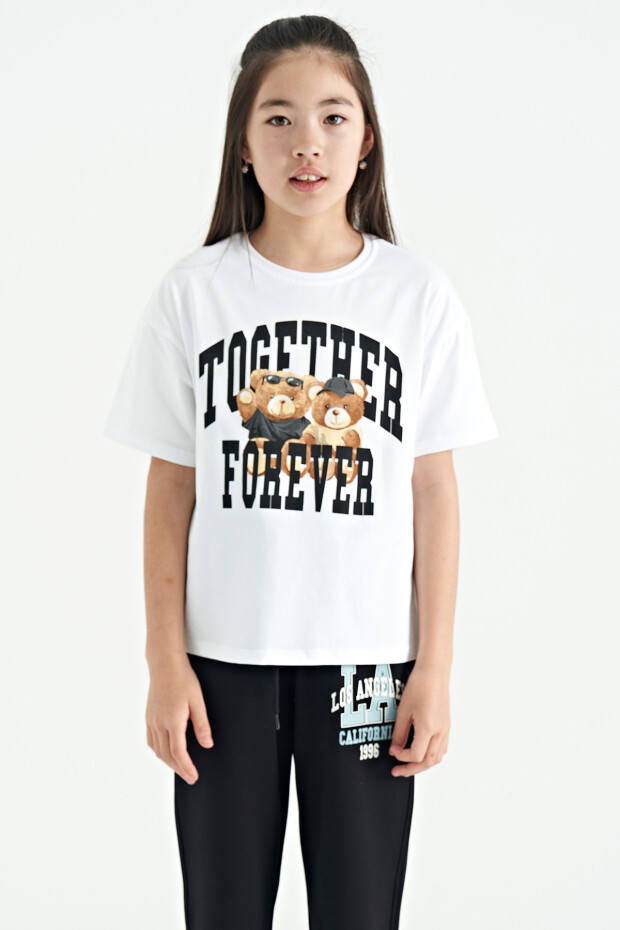 Beyaz Ayıcık Baskılı O Yaka Oversize Kısa Kol Kız Çocuk T-Shirt - 75116