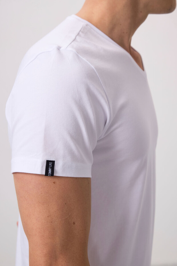 Beyaz Basic Kısa Kol Standart Kalıp V Yaka Erkek T-Shirt - 87912 - 4