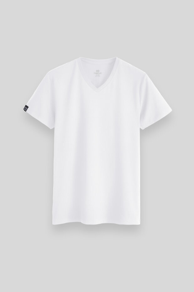 Beyaz Basic Kısa Kol Standart Kalıp V Yaka Erkek T-Shirt - 87912 - 1