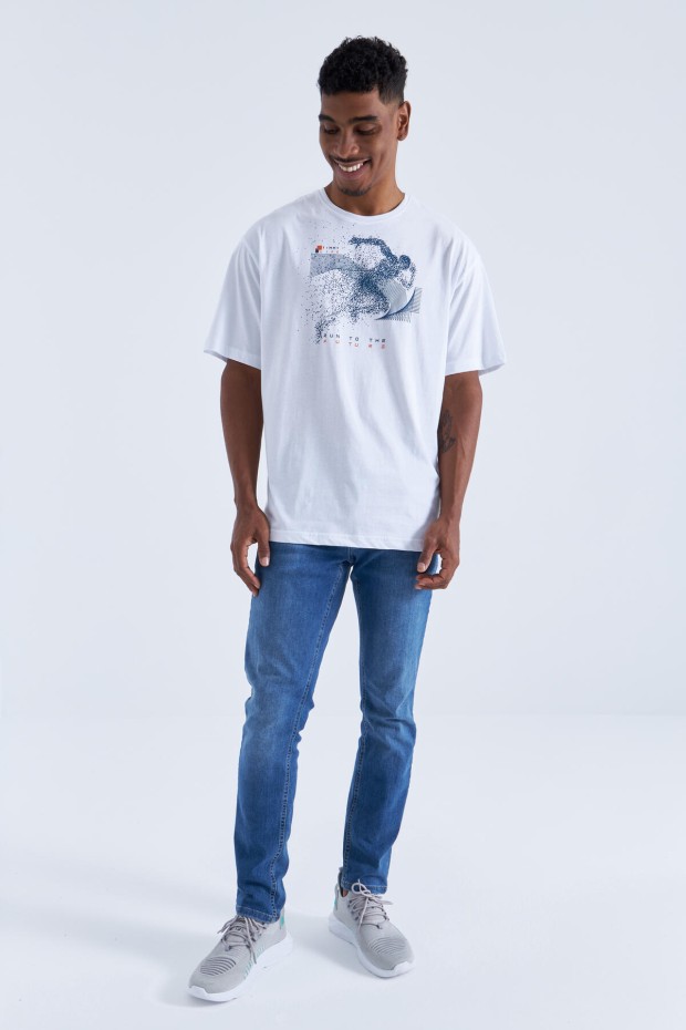 Beyaz Baskı Detaylı O Yaka Erkek Oversize T-Shirt - 88093