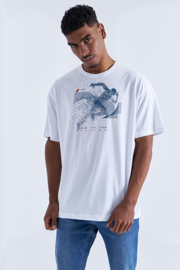 Beyaz Baskı Detaylı O Yaka Erkek Oversize T-Shirt - 88093