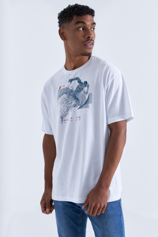 Beyaz Baskı Detaylı O Yaka Erkek Oversize T-Shirt - 88093