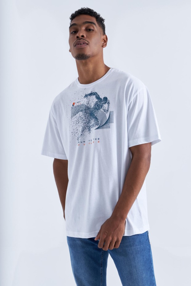 Beyaz Baskı Detaylı O Yaka Erkek Oversize T-Shirt - 88093