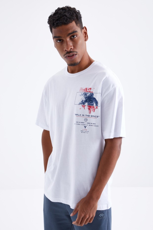 Beyaz Baskı Detaylı O Yaka Erkek Oversize T-Shirt - 88099