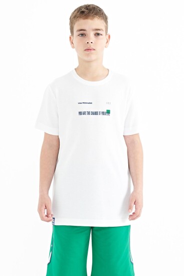 Beyaz Baskı Detaylı O Yaka Standart Kalıp Erkek Çocuk T-Shirt - 11117 