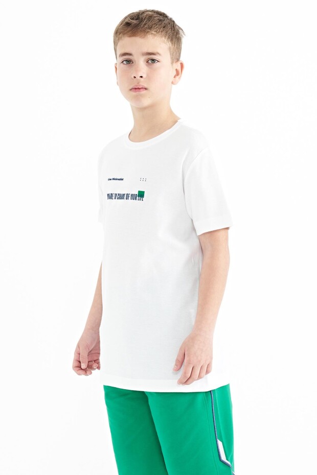 Beyaz Baskı Detaylı O Yaka Standart Kalıp Erkek Çocuk T-Shirt - 11117 - 6