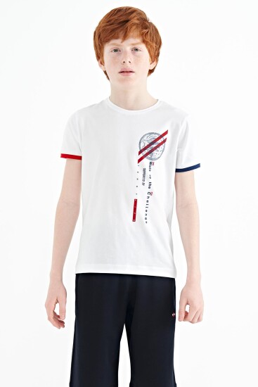 Beyaz Baskı Detaylı O Yaka Standart Kalıp Erkek Çocuk T-Shirt - 11131 
