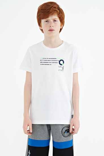 Beyaz Baskı Detaylı O Yaka Standart Kalıp Erkek Çocuk T-Shirt - 11145 