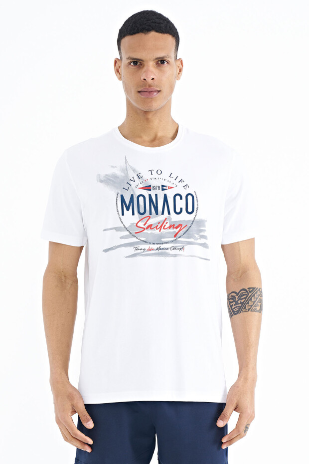 Beyaz Baskı Detaylı O Yaka Standart Kalıp Erkek T-Shirt - 88188