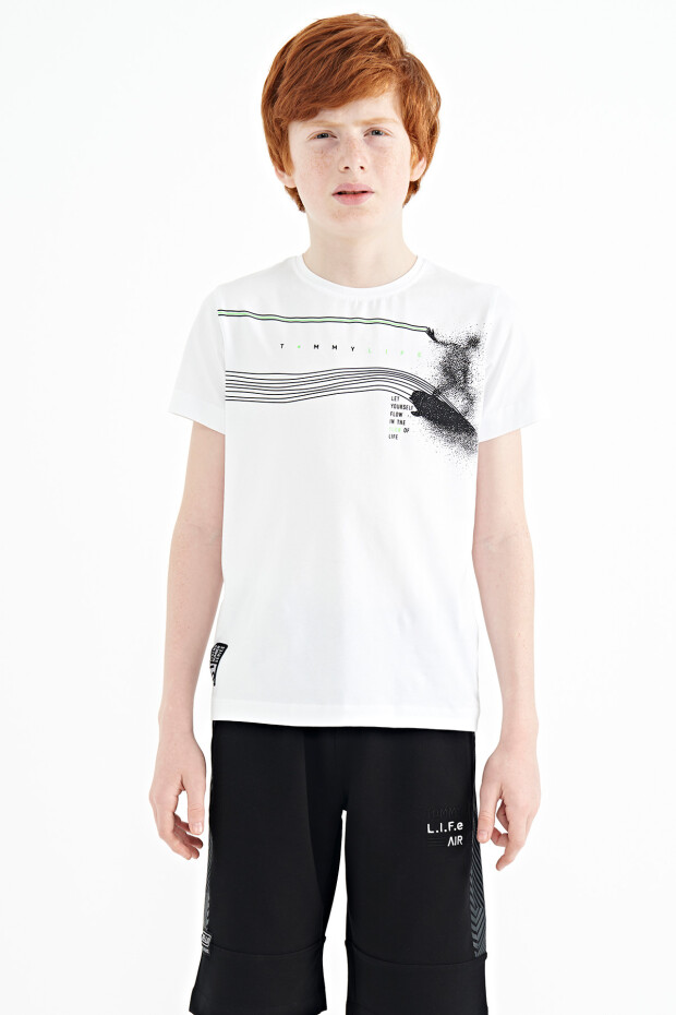 Beyaz Baskı Detaylı Standart Kalıp O Yaka Erkek Çocuk T-Shirt - 11133