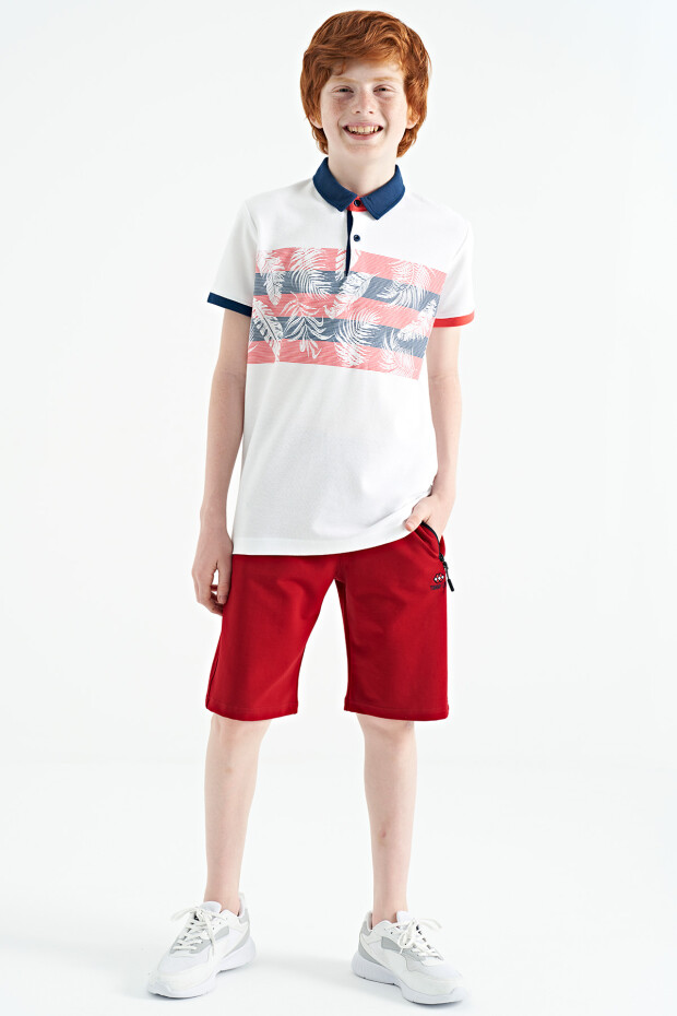 Beyaz Baskı Detaylı Standart Kalıp Polo Yaka Erkek Çocuk T-Shirt - 11101