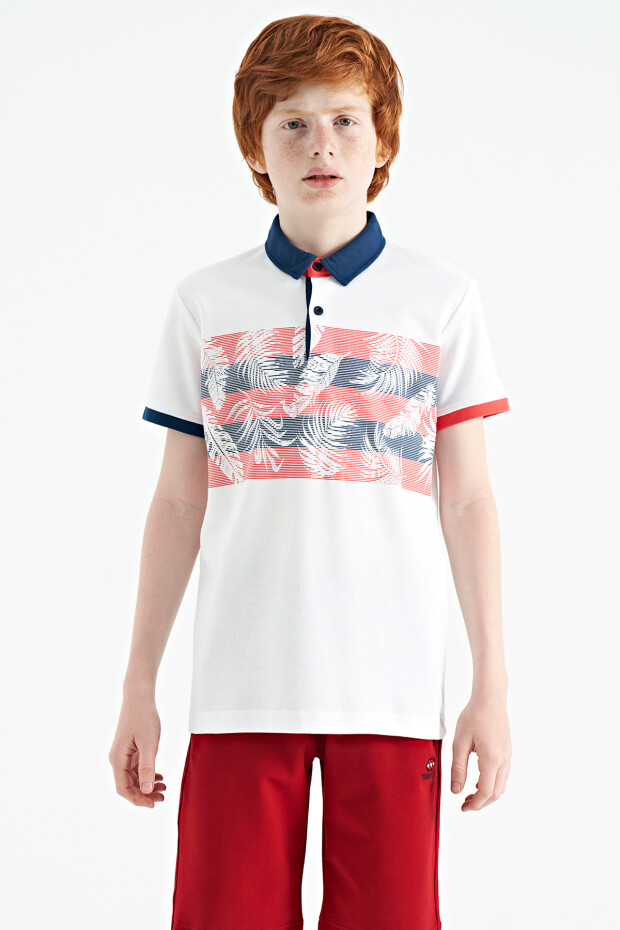 Beyaz Baskı Detaylı Standart Kalıp Polo Yaka Erkek Çocuk T-Shirt - 11101