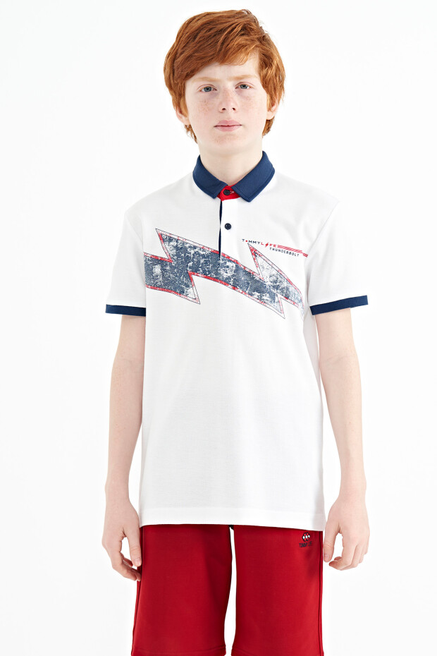 Beyaz Baskı Detaylı Standart Kalıp Polo Yaka Erkek Çocuk T-Shirt - 11154