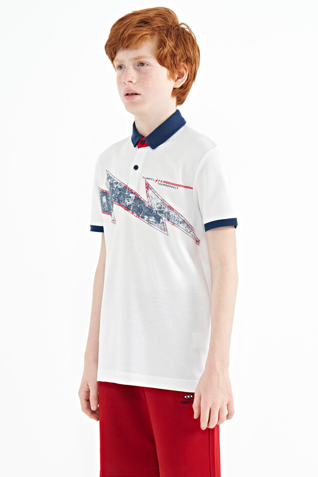 Beyaz Baskı Detaylı Standart Kalıp Polo Yaka Erkek Çocuk T-Shirt - 11154