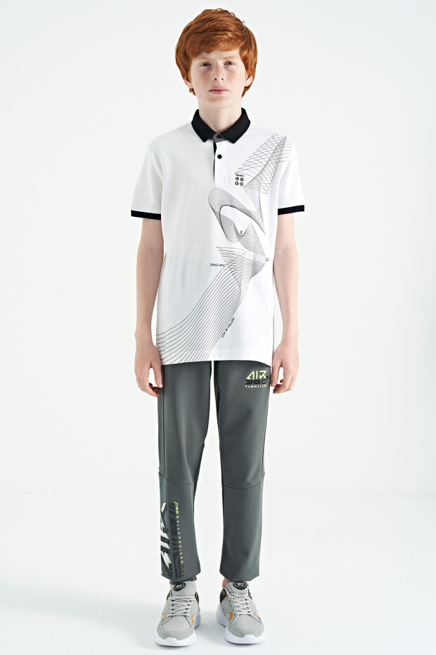 Beyaz Baskı Detaylı Standart Kalıp Polo Yaka Erkek Çocuk T-Shirt - 11164