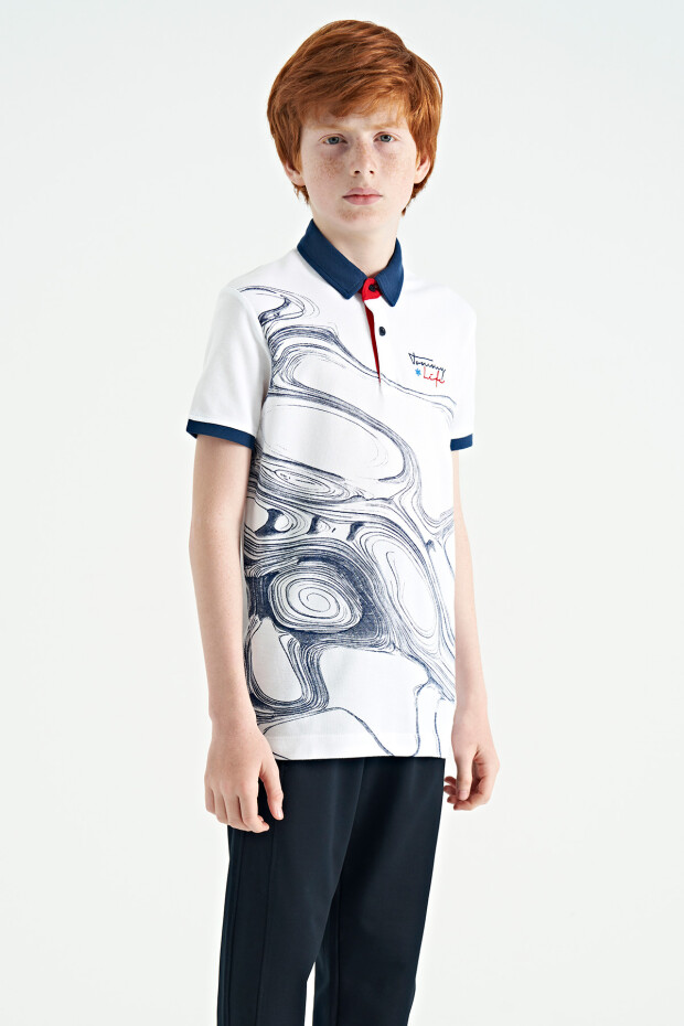 Beyaz Baskı Detaylı Standart Kalıp Polo Yaka Erkek Çocuk T-Shirt - 11165