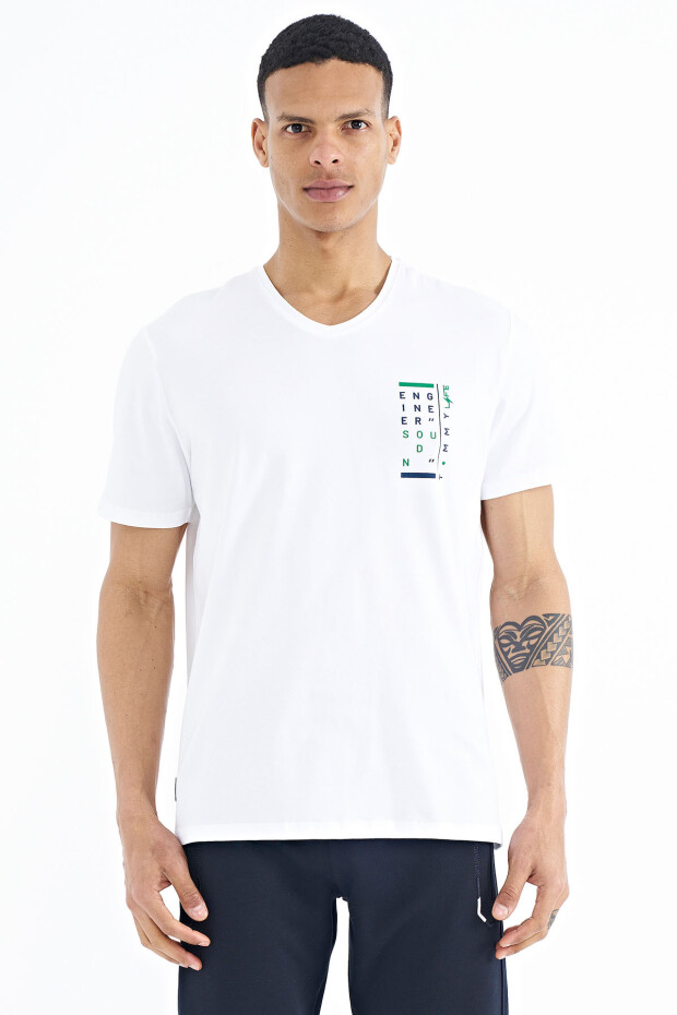 Beyaz Baskı Detaylı V Yaka Standart Kalıp Erkek T-Shirt - 88186