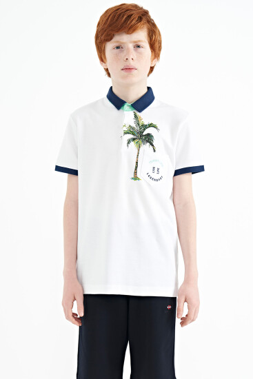 Beyaz Baskılı Cep Detaylı Standart Kalıp Polo Yaka Erkek Çocuk T-Shirt - 11144 