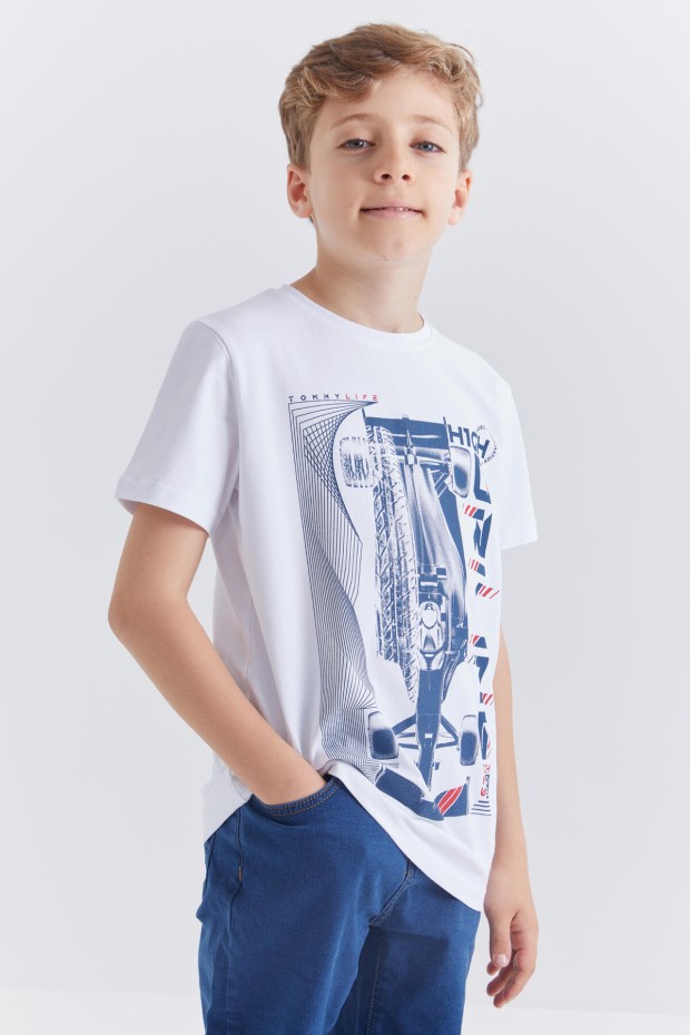 Beyaz Baskılı Kısa Kol Standart Kalıp O Yaka Erkek Çocuk T-Shirt - 10866