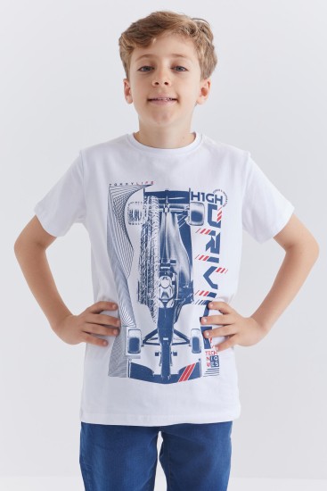 Beyaz Baskılı Kısa Kol Standart Kalıp O Yaka Erkek Çocuk T-Shirt - 10866 