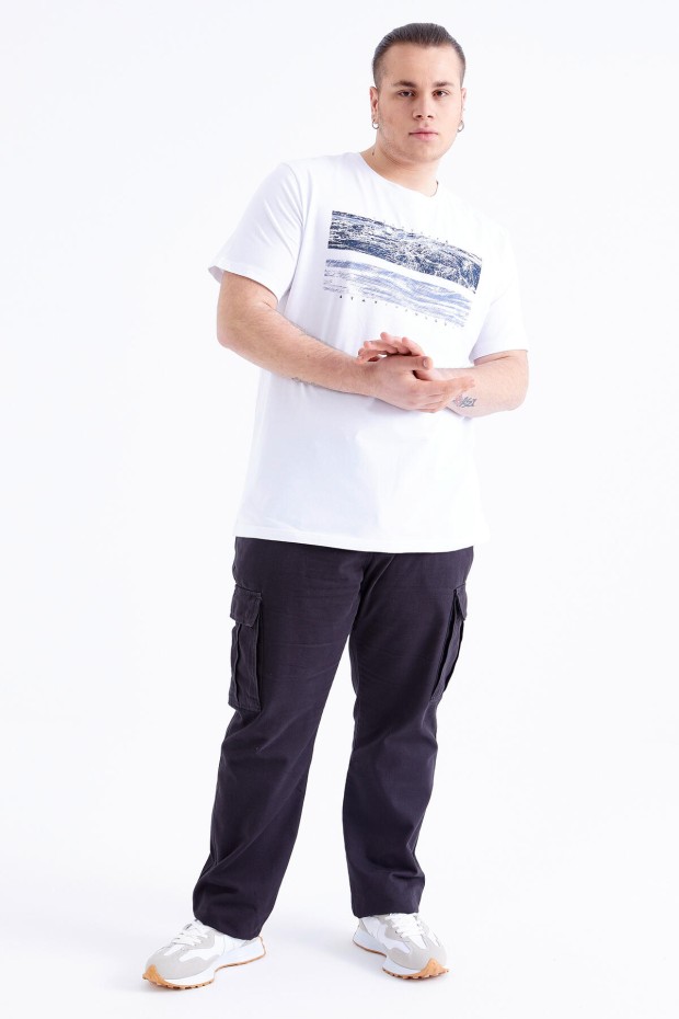 Beyaz Baskılı O Yaka Büyük Beden Erkek T-shirt - 88073