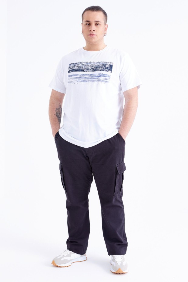 Beyaz Baskılı O Yaka Büyük Beden Erkek T-shirt - 88073